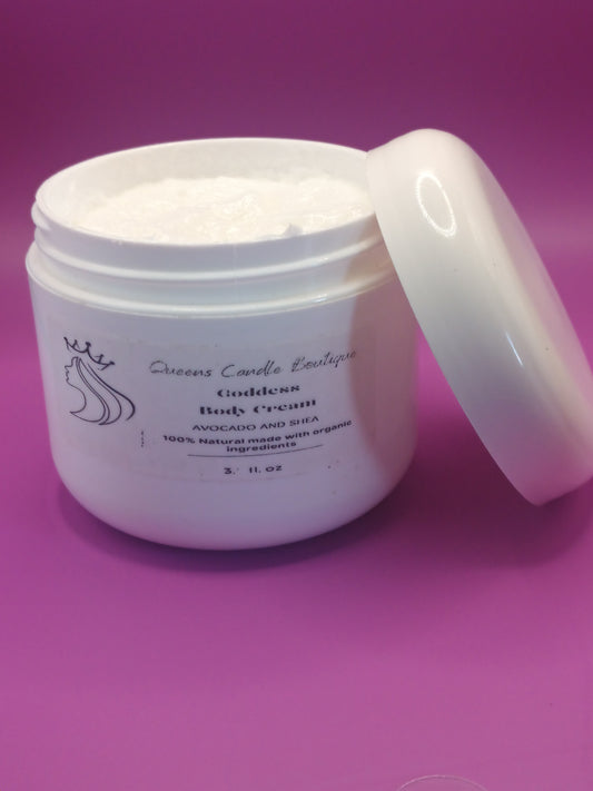 Goddess Body Cream is a rich and thick body moisturizer used to seal in moisture to the skin. It is made with Avocado oil and Shea Butter to provide your skin with the love and care it needs. 